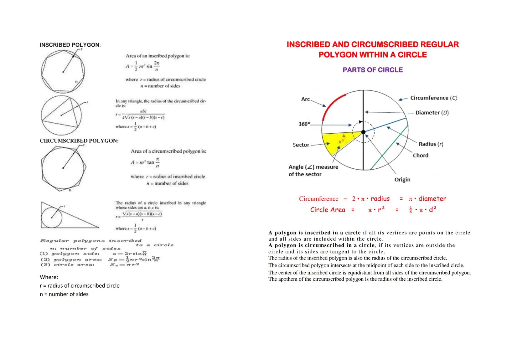 INSCRIBED POLYGON:
35
r=
In any triangle, the radius of the circumscribed cir-
cle is:
CIRCUMSCRIBED POLYGON:
o
Area of an inscribed polygon