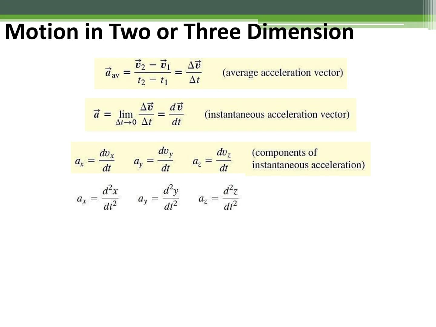 General Physics 1
Motion Motion in Two or Three Dimension
y
y
Position P of a particle
at a given time has
coordinates x, y, z.
xî
P
zk
Posi