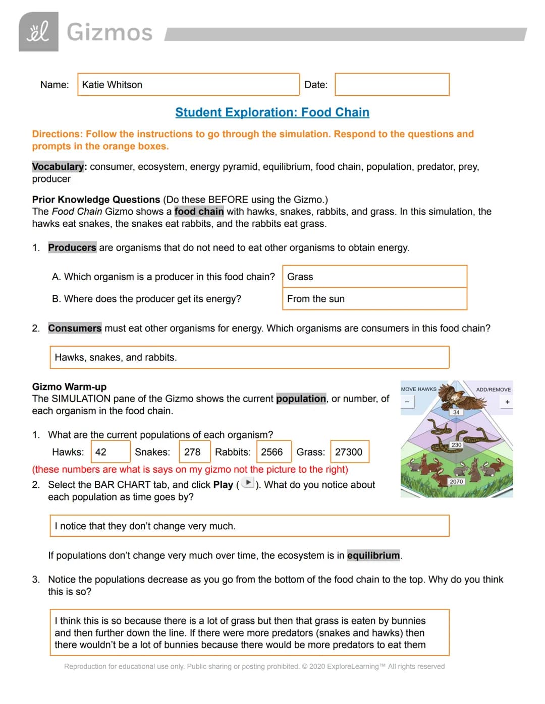 ël Gizmos
Name: Katie Whitson
Student Exploration: Food Chain
Directions: Follow the instructions to go through the simulation. Respond to t