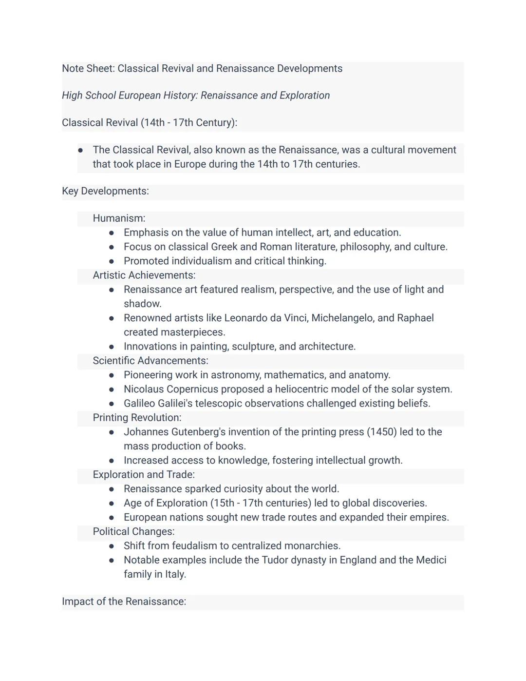 Note Sheet: Classical Revival and Renaissance Developments
High School European History: Renaissance and Exploration
Classical Revival (14th