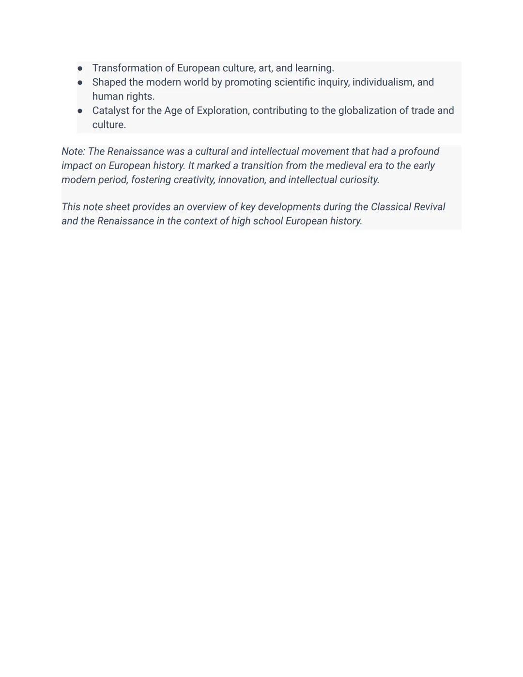 Note Sheet: Classical Revival and Renaissance Developments
High School European History: Renaissance and Exploration
Classical Revival (14th
