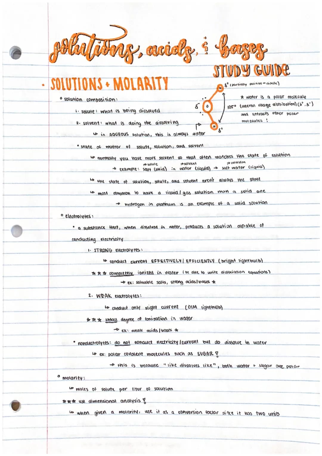 • golutions, anialy & barges
aciels,
STUDY GUIDE
8 (partially positive-aipole)
.
SOLUTIONSMOLARITY
solution composition:
O
1. solute: what i