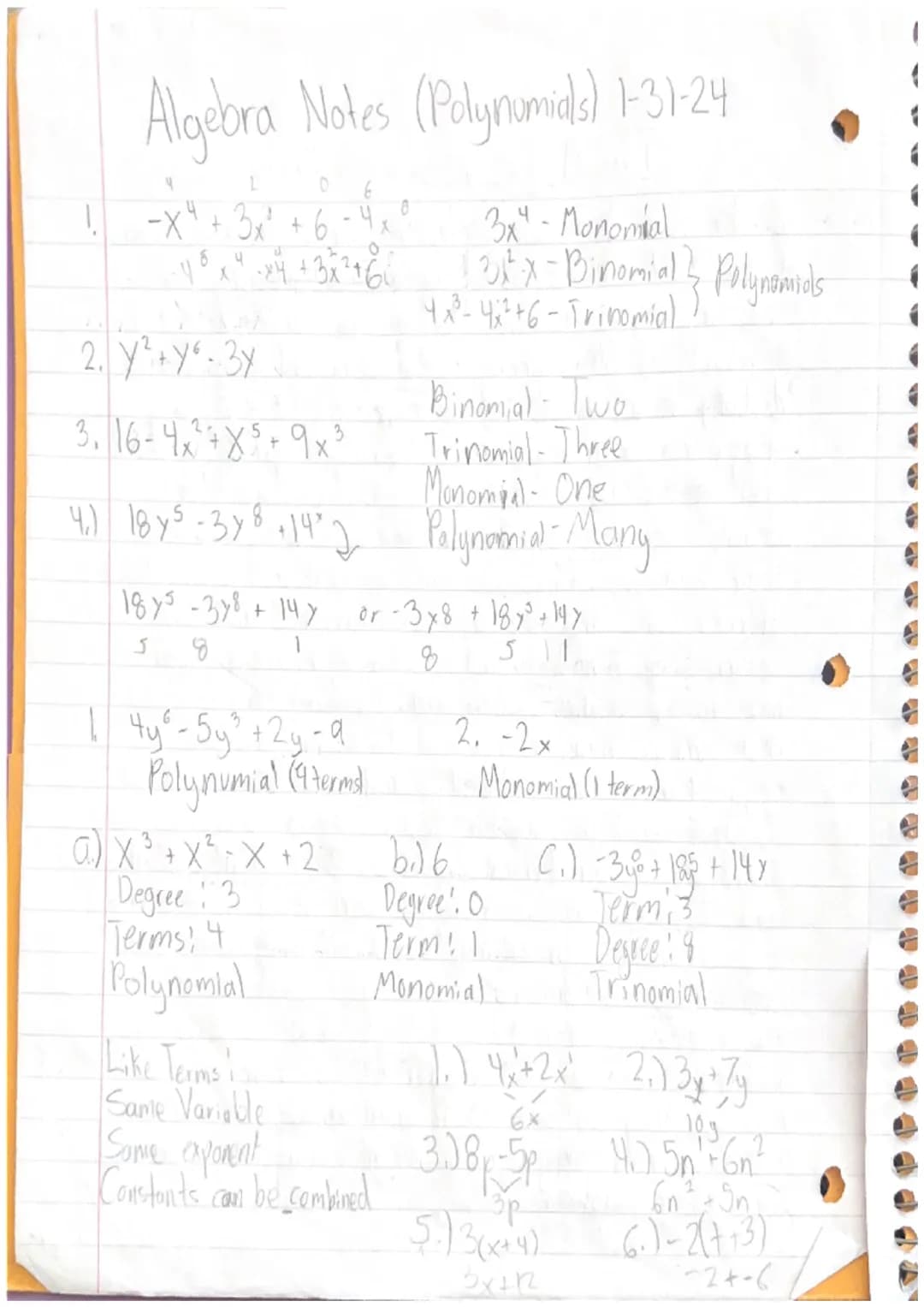 Algebra Notes (Polynomials) 1-31-24
५.
L
0 6
-X'
+
3x² + 6-4
X
· 48 x 4 · x 4 + 3 x² + 60
3х4 - Monomial
131tx - Binomial } Polynamids
4x³- 