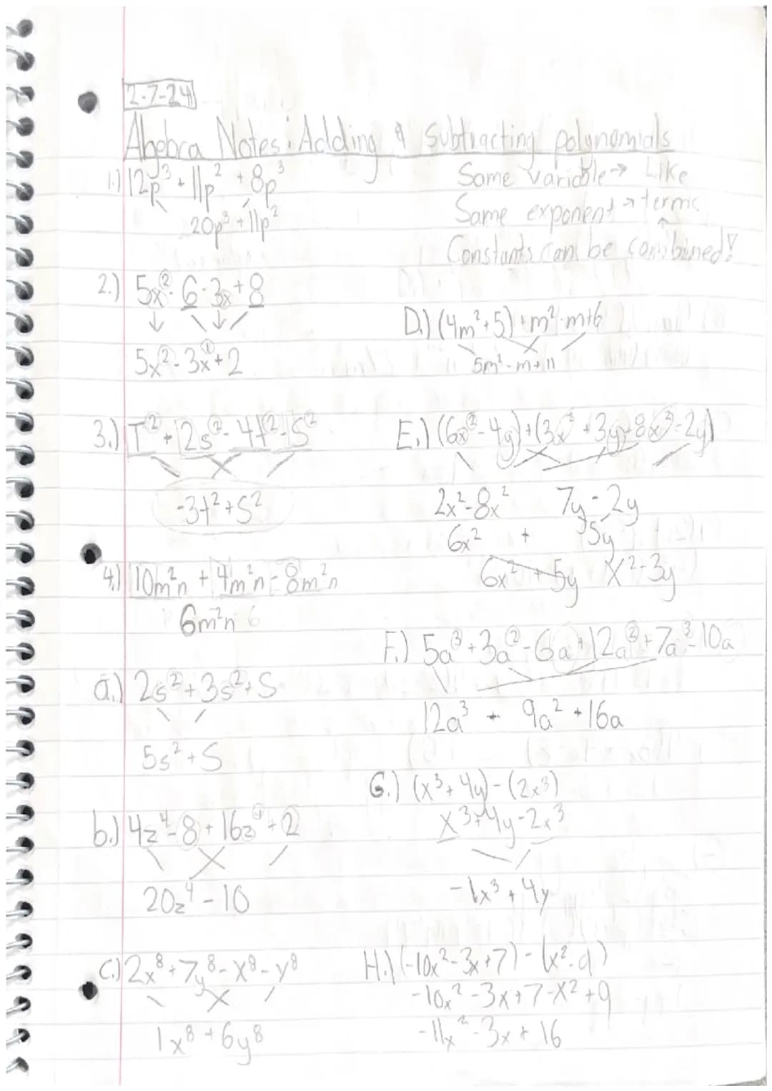 Algebra Notes (Polynomials) 1-31-24
५.
L
0 6
-X'
+
3x² + 6-4
X
· 48 x 4 · x 4 + 3 x² + 60
3х4 - Monomial
131tx - Binomial } Polynamids
4x³- 