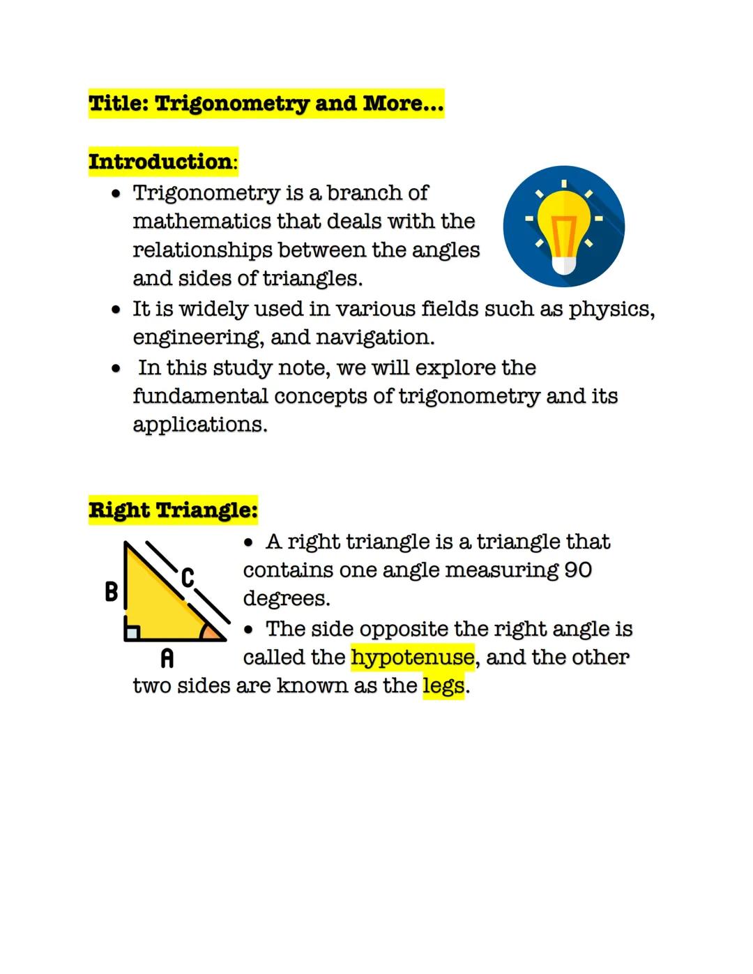 Title: Trigonometry and More...
Introduction:
Trigonometry is a branch of
mathematics that deals with the
relationships between the angles
a