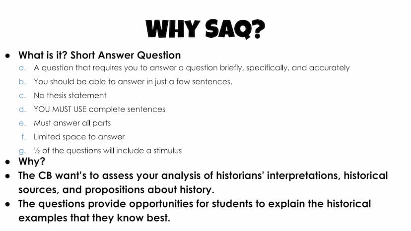 
<h2 id="whysaq">Why SAQ?</h2>
<p>The Short Answer Question (SAQ) is a question that requires a brief, specific, and accurate answer. It doe