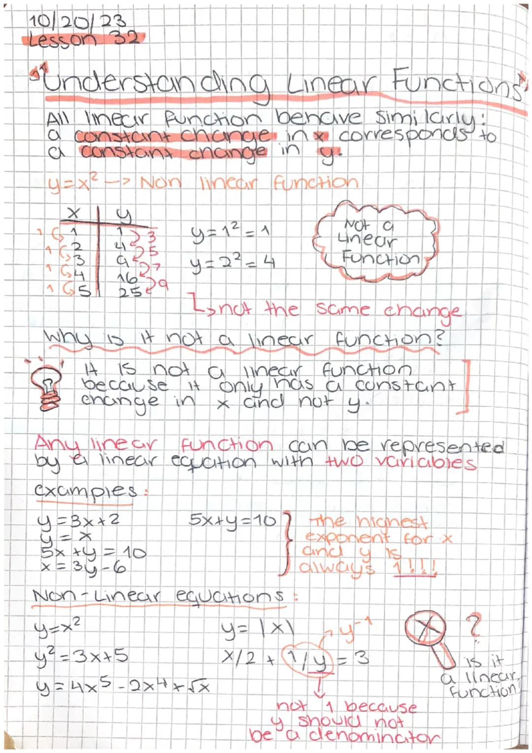 10/20/23
Lesson 32
•Understanding Linear Functions!
All linear function behave similarly!
a constant change in & corresponds to
a constant c