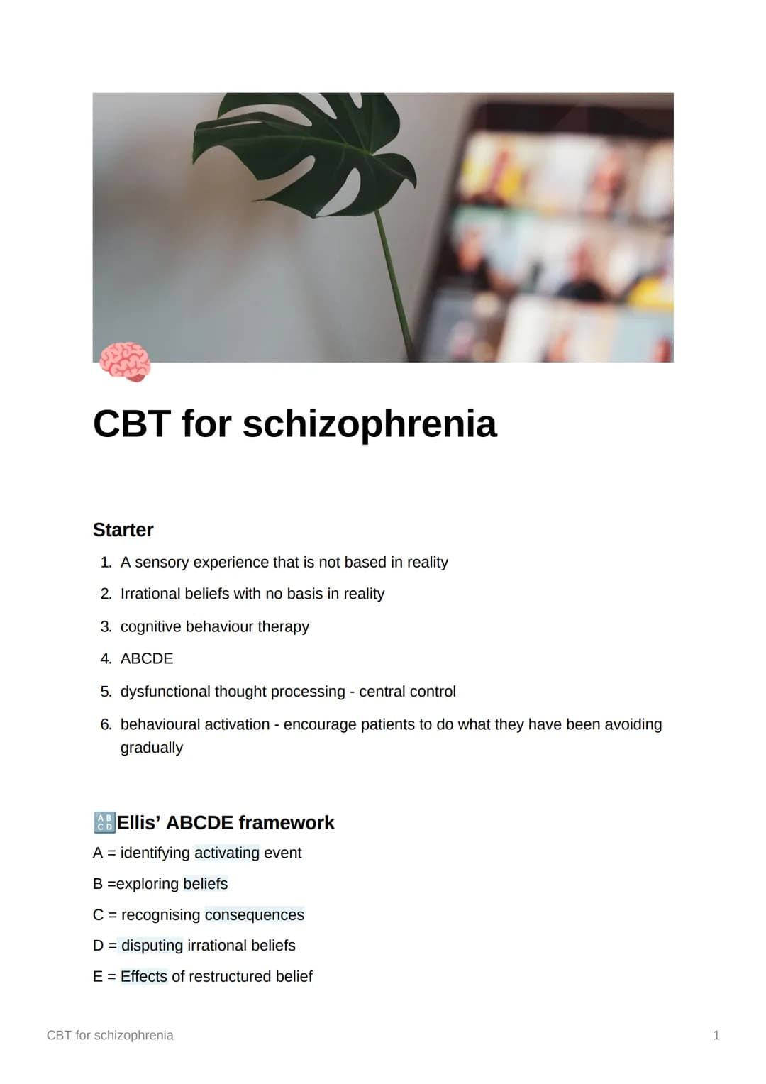 CBT for schizophrenia
Starter
1. A sensory experience that is not based in reality
2. Irrational beliefs with no basis in reality
3. cogniti