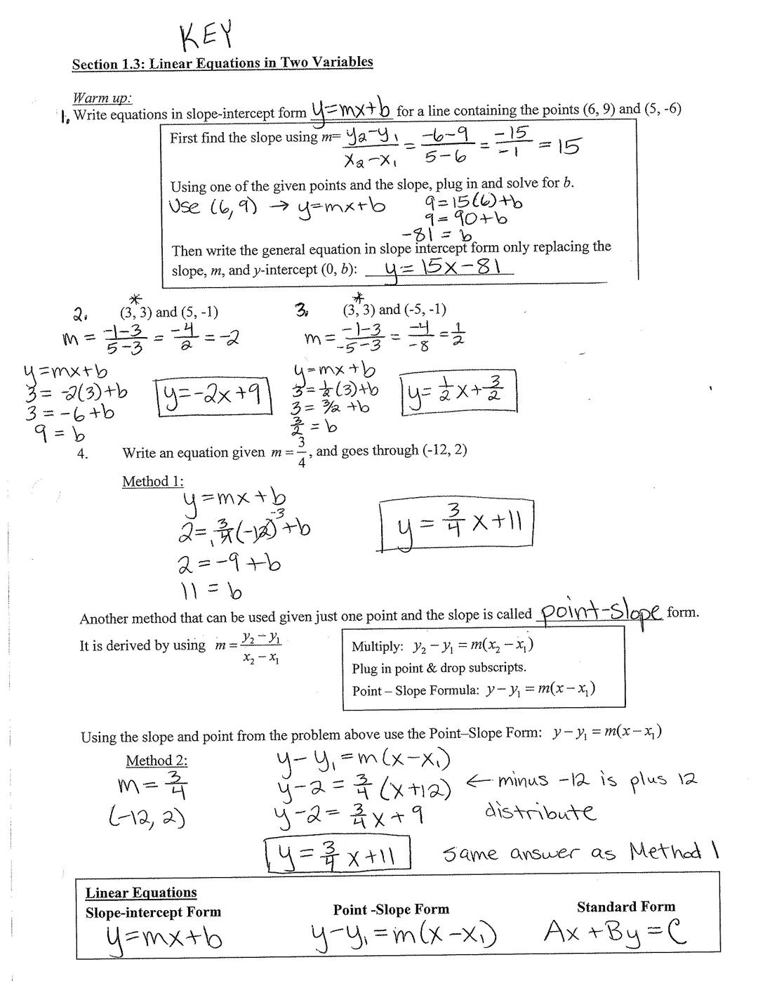 KEY
Section 1.3: Linear Equations in Two Variables
Warm up:
I, Write equations in slope-intercept form y=mx+b for a line containing the poin