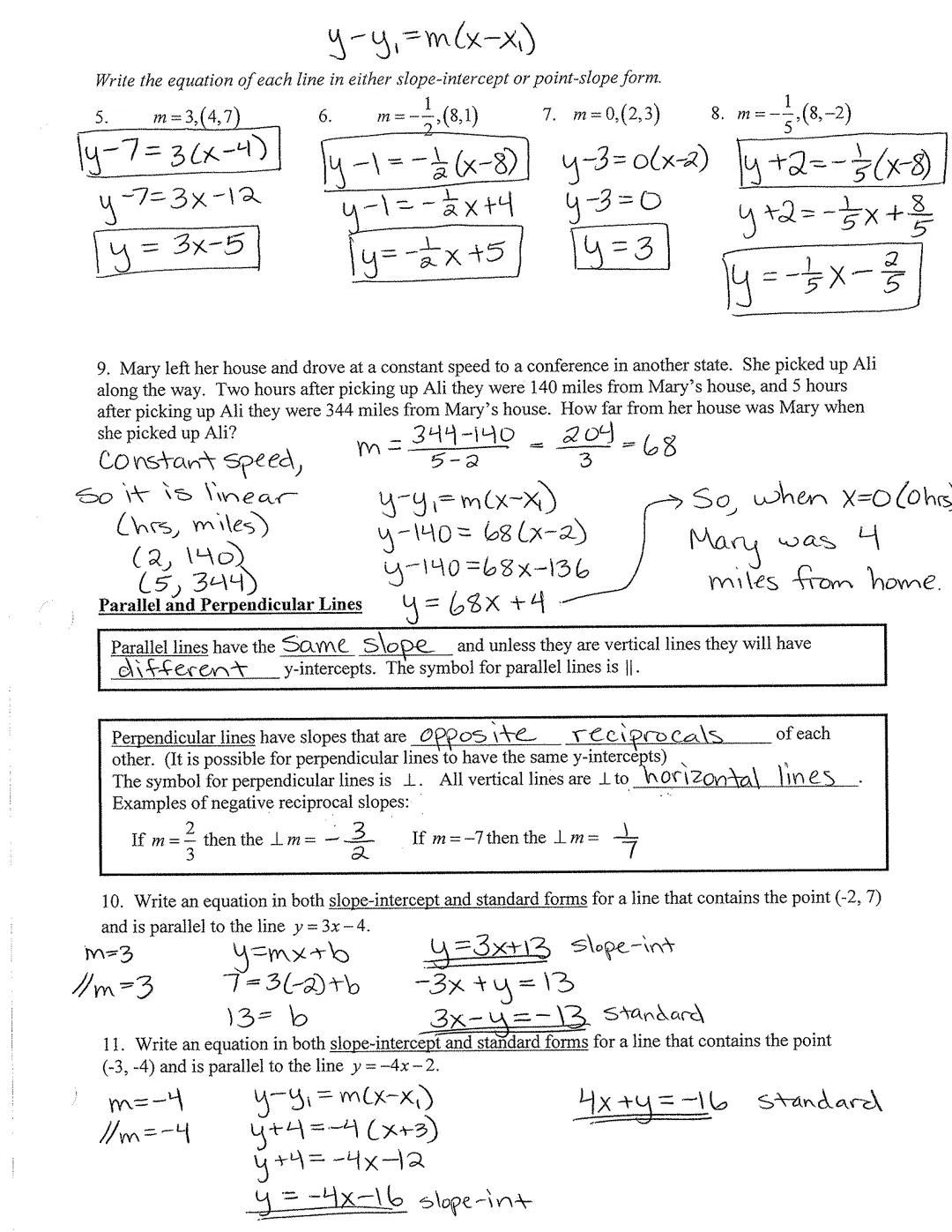 KEY
Section 1.3: Linear Equations in Two Variables
Warm up:
I, Write equations in slope-intercept form y=mx+b for a line containing the poin