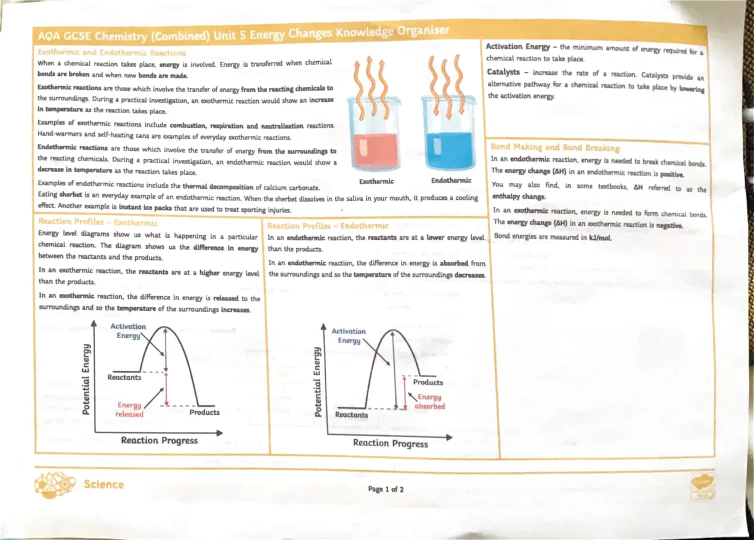 AQA GCSE Chemistry (Combined) Unit 5 Energy Changes Knowledge Organiser
Exothermic and Endothermic Reactions
When a chemical reaction takes 