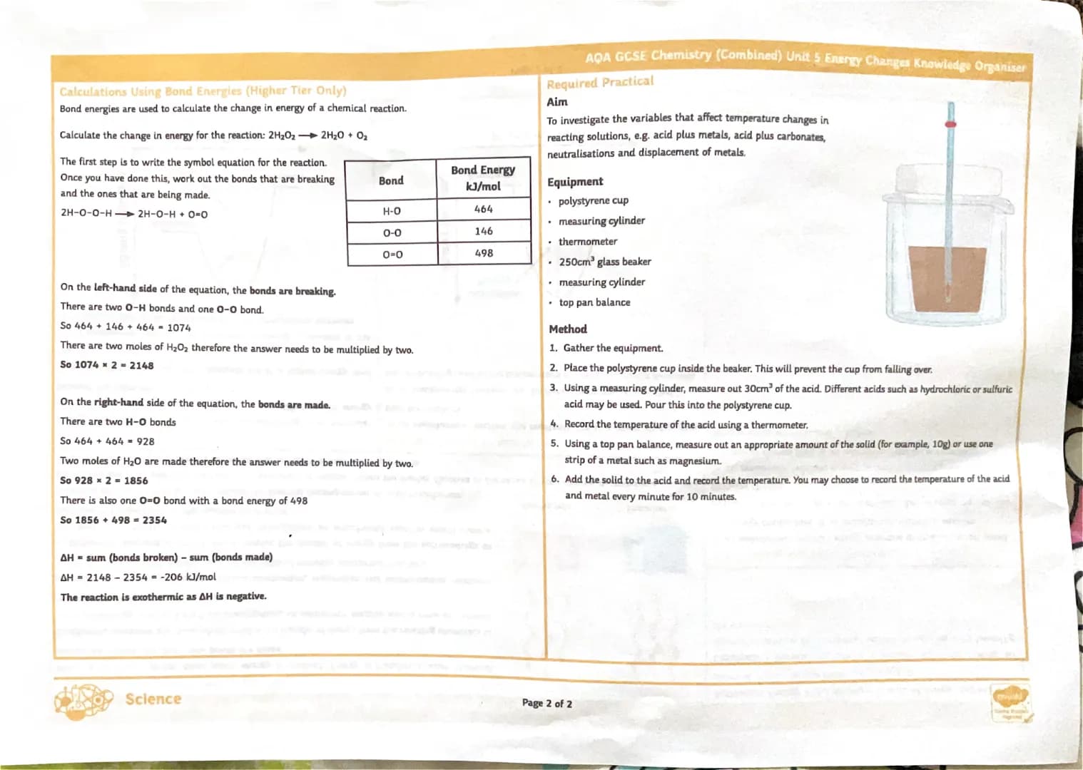 AQA GCSE Chemistry (Combined) Unit 5 Energy Changes Knowledge Organiser
Exothermic and Endothermic Reactions
When a chemical reaction takes 