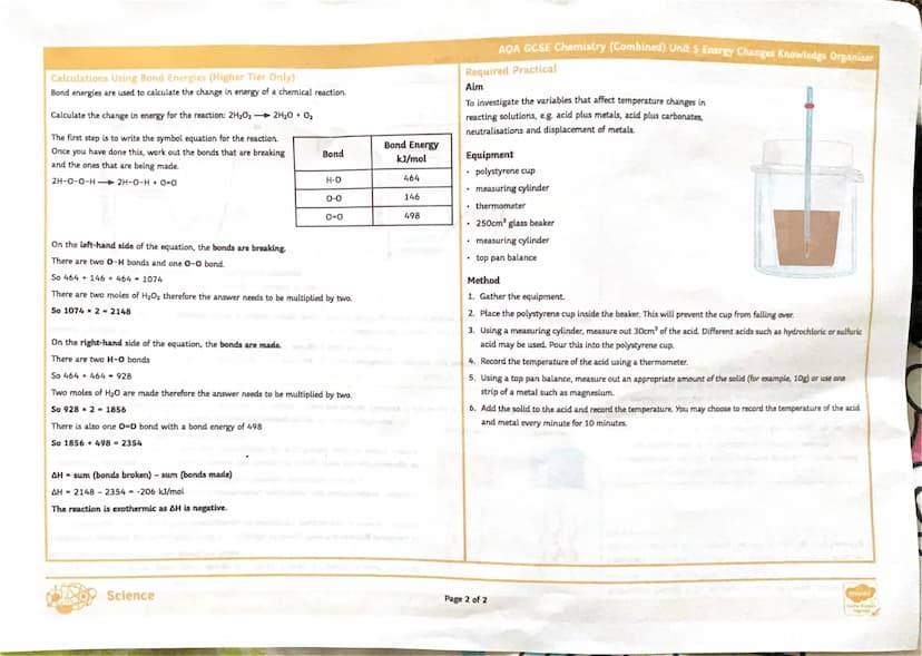 AQA GCSE Chemistry (Combined) Unit 5 Energy Changes Knowledge Organiser
Exothermic and Endothermic Reactions
When a chemical reaction takes 