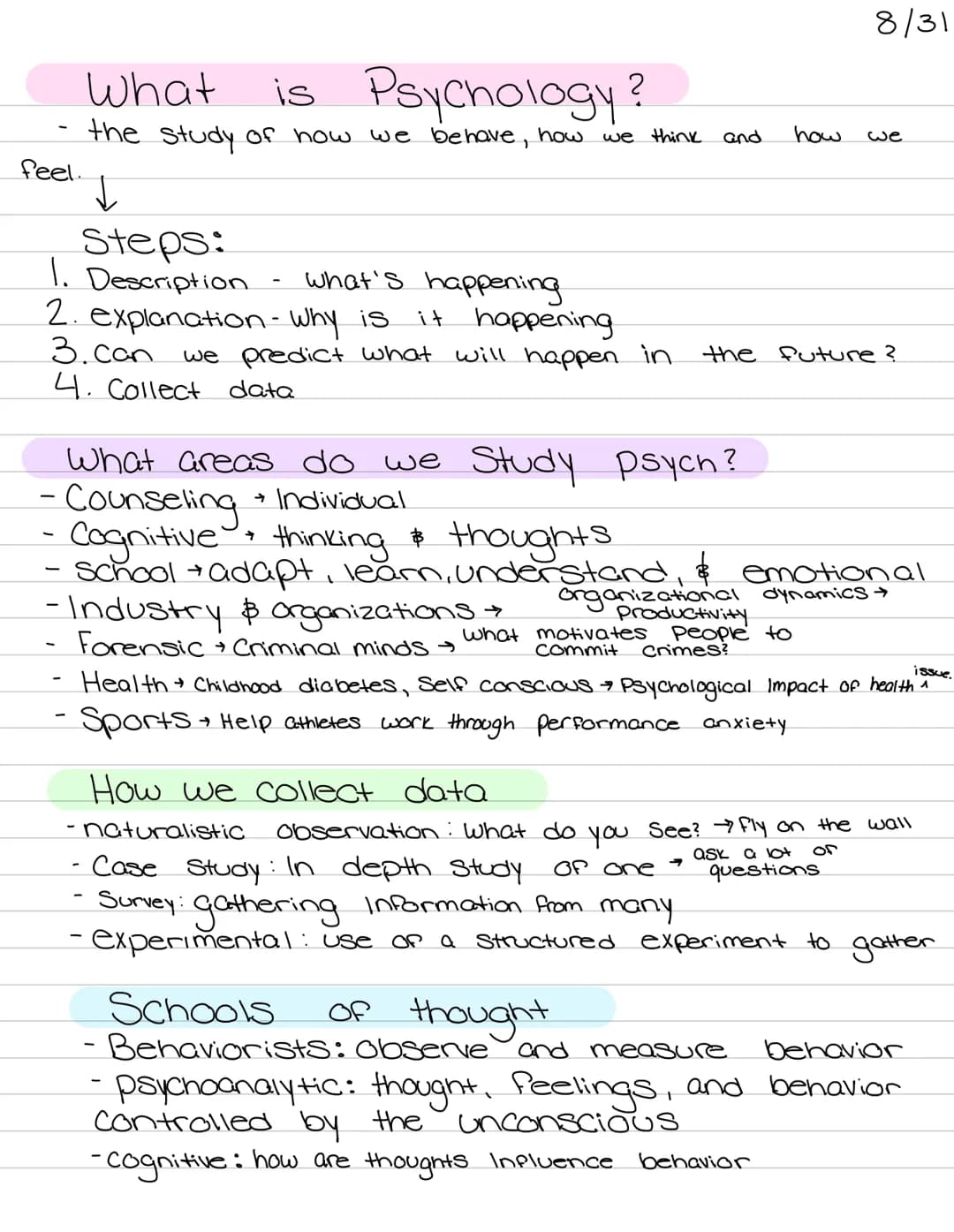 Psychology
Mid-term feel.
is Psychology?
What
the study of how we behave, how
↓
Steps:
1. Description
2. explanation - Why is
3.can we predi