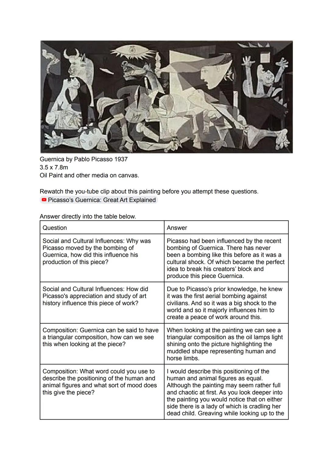 Guernica by Pablo Picasso 1937
3.5 x 7.8m
Oil Paint and other media on canvas.

Rewatch the you-tube clip about this painting before you att