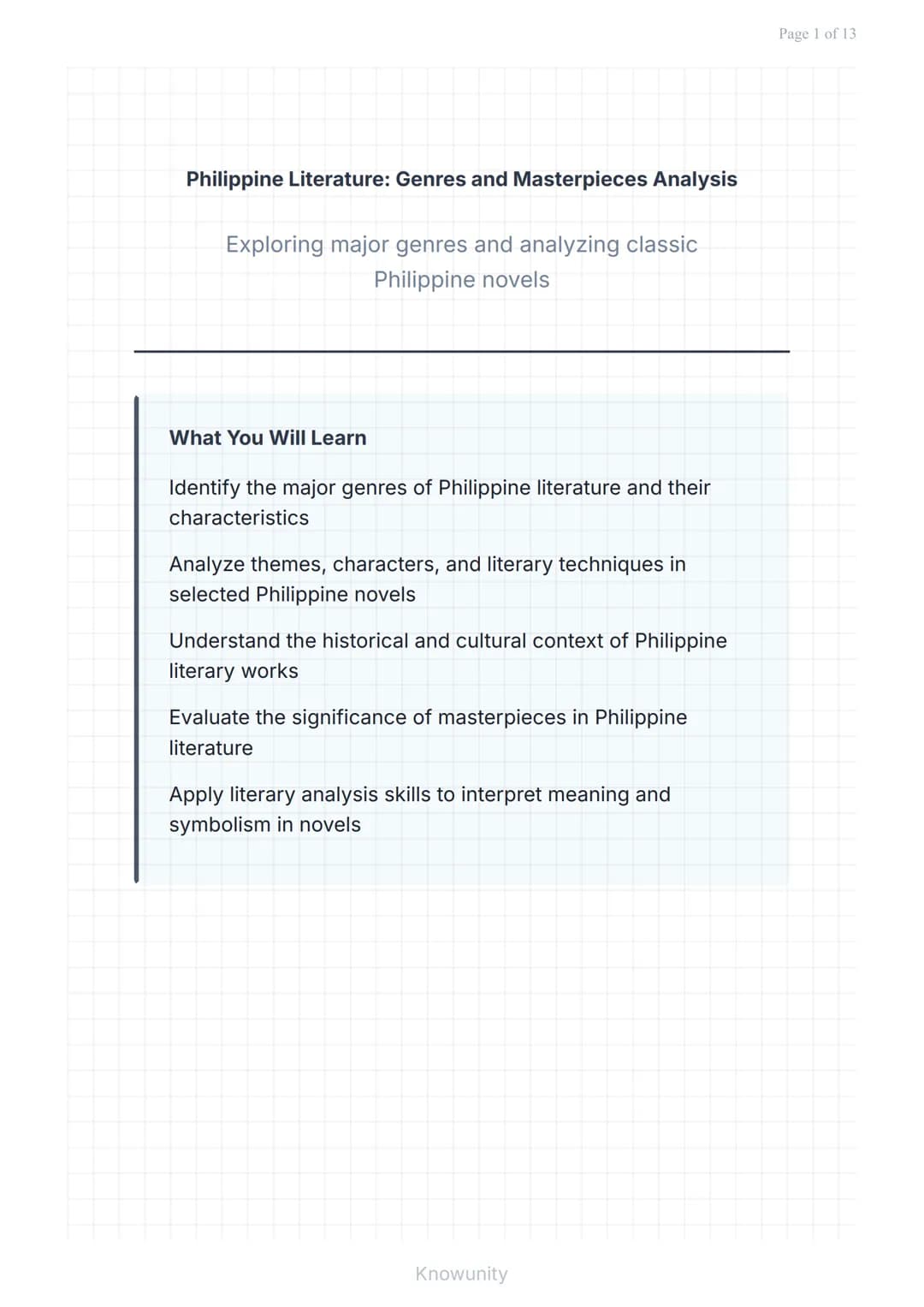 Philippine Literature: Genres and Masterpieces Analysis
Exploring major genres and analyzing classic
Philippine novels
What You Will Learn
I