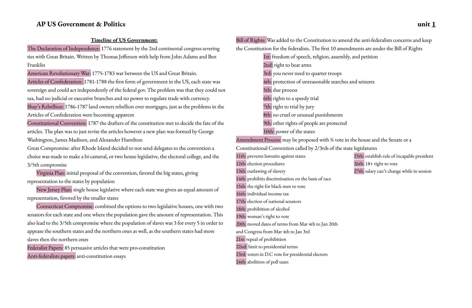 AP US Government & Politics
Timeline of US Government:
The Declaration of Independence: 1776 statement by the 2nd continental congress sever