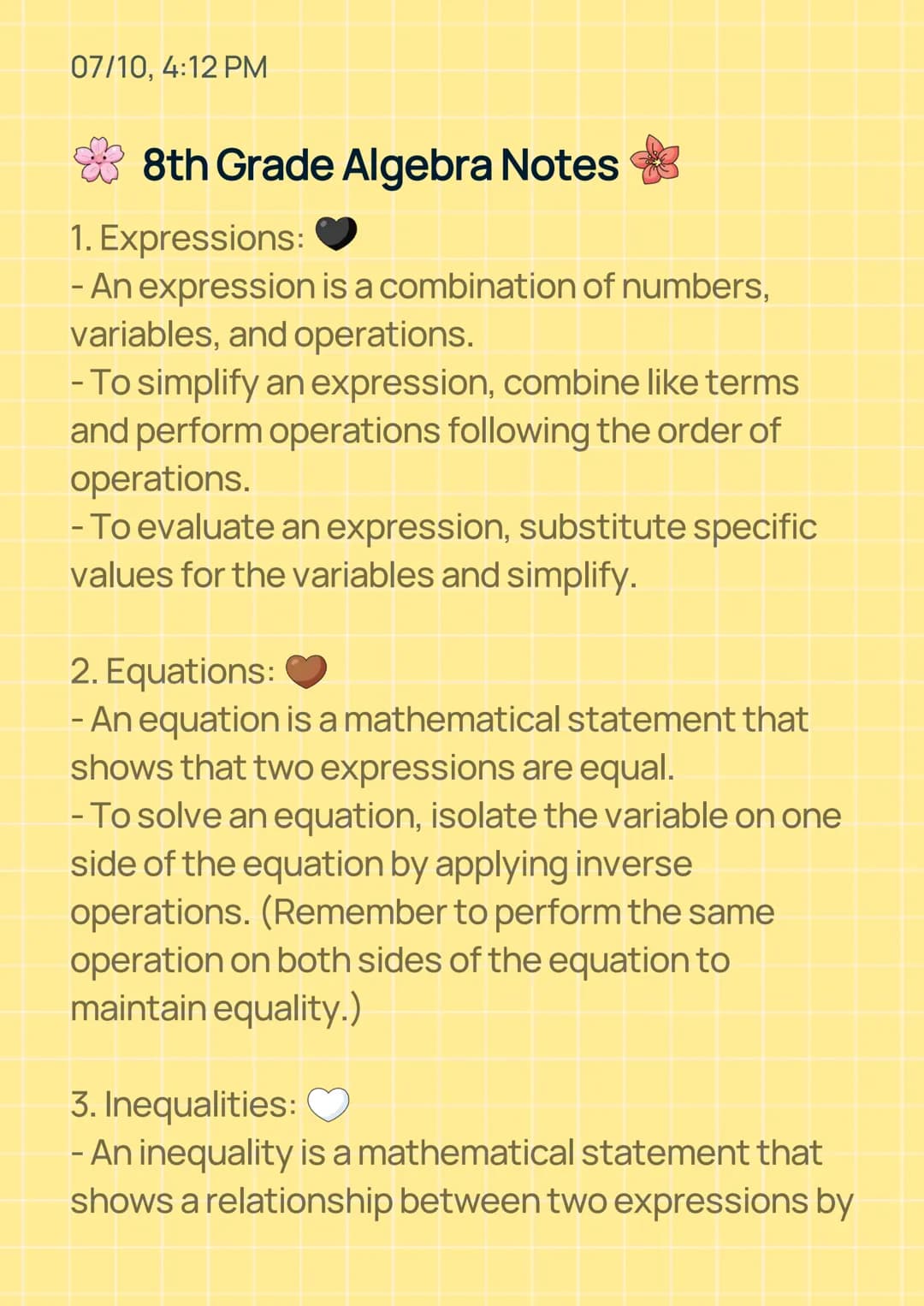 07/10, 4:12 PM
8th Grade Algebra Notes
1.
Expressions:
- An expression is a combination of numbers,
variables, and operations.
- To simplify