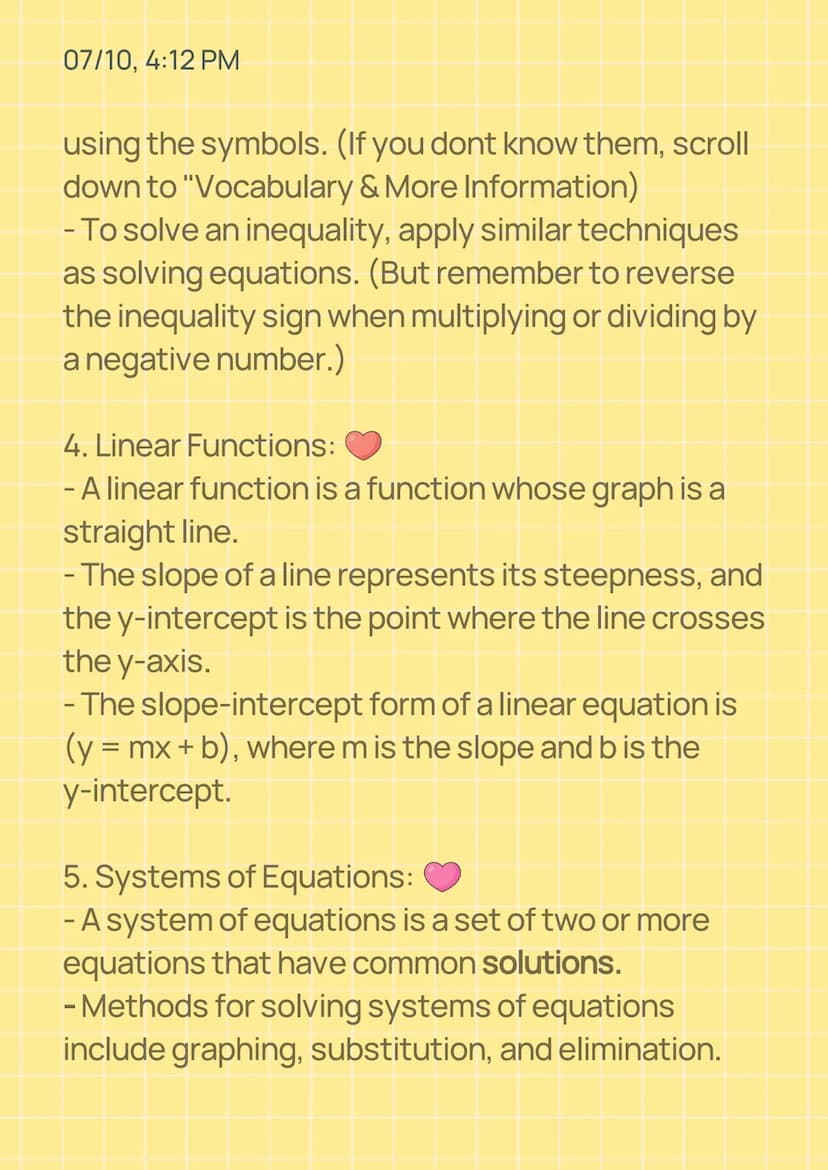 07/10, 4:12 PM
8th Grade Algebra Notes
1.
Expressions:
- An expression is a combination of numbers,
variables, and operations.
- To simplify