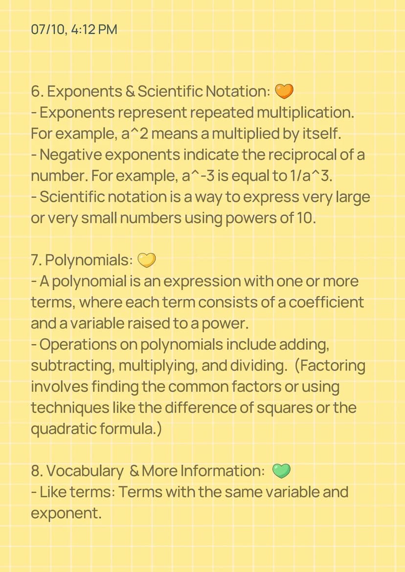 07/10, 4:12 PM
8th Grade Algebra Notes
1.
Expressions:
- An expression is a combination of numbers,
variables, and operations.
- To simplify