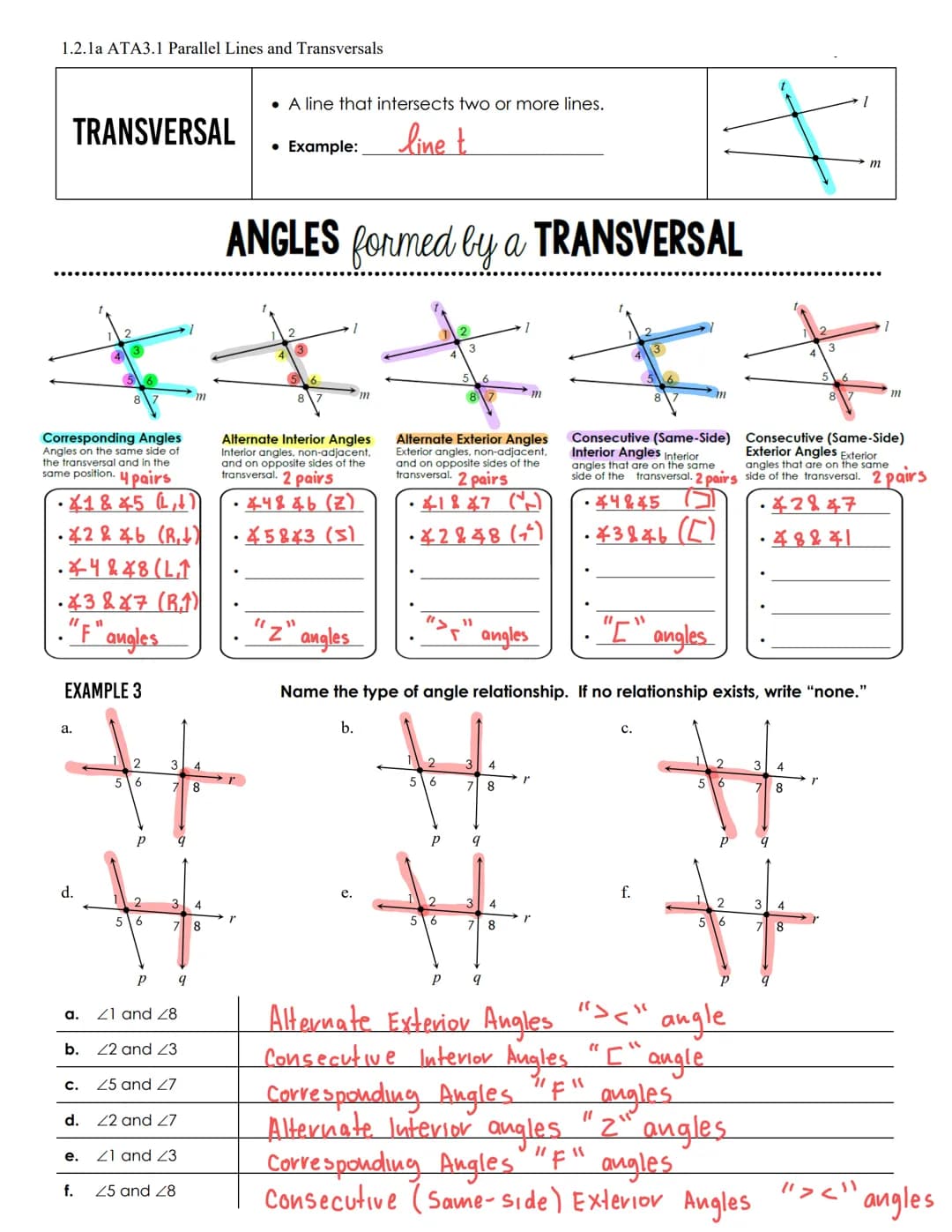 1.2. 1a ATA3.1 Parallel Lines and Transversals
Name:
Date:
Aim: What are some important lines relationships in space? On a plane? And what a