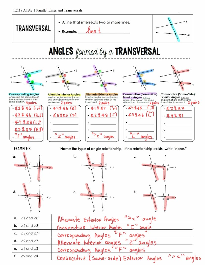 1.2. 1a ATA3.1 Parallel Lines and Transversals
Name:
Date:
Aim: What are some important lines relationships in space? On a plane? And what a