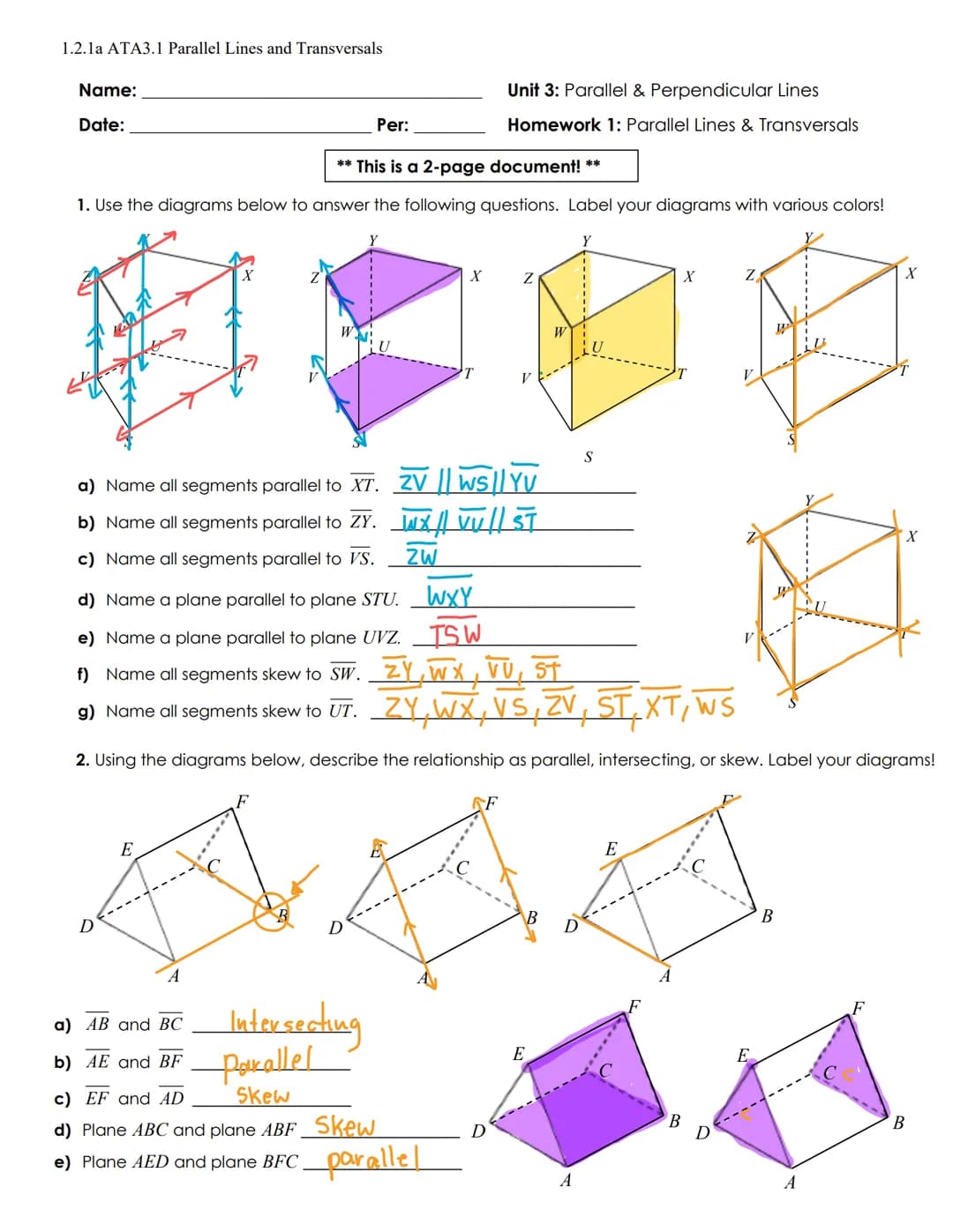 1.2. 1a ATA3.1 Parallel Lines and Transversals
Name:
Date:
Aim: What are some important lines relationships in space? On a plane? And what a