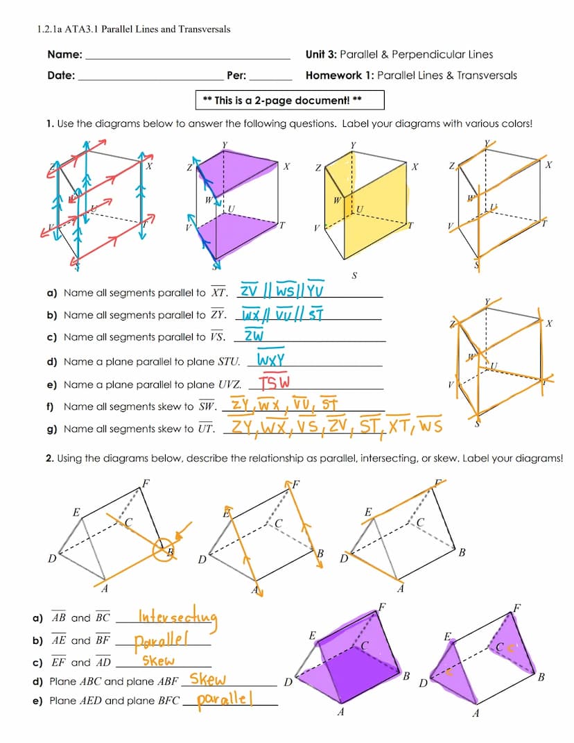 1.2. 1a ATA3.1 Parallel Lines and Transversals
Name:
Date:
Aim: What are some important lines relationships in space? On a plane? And what a