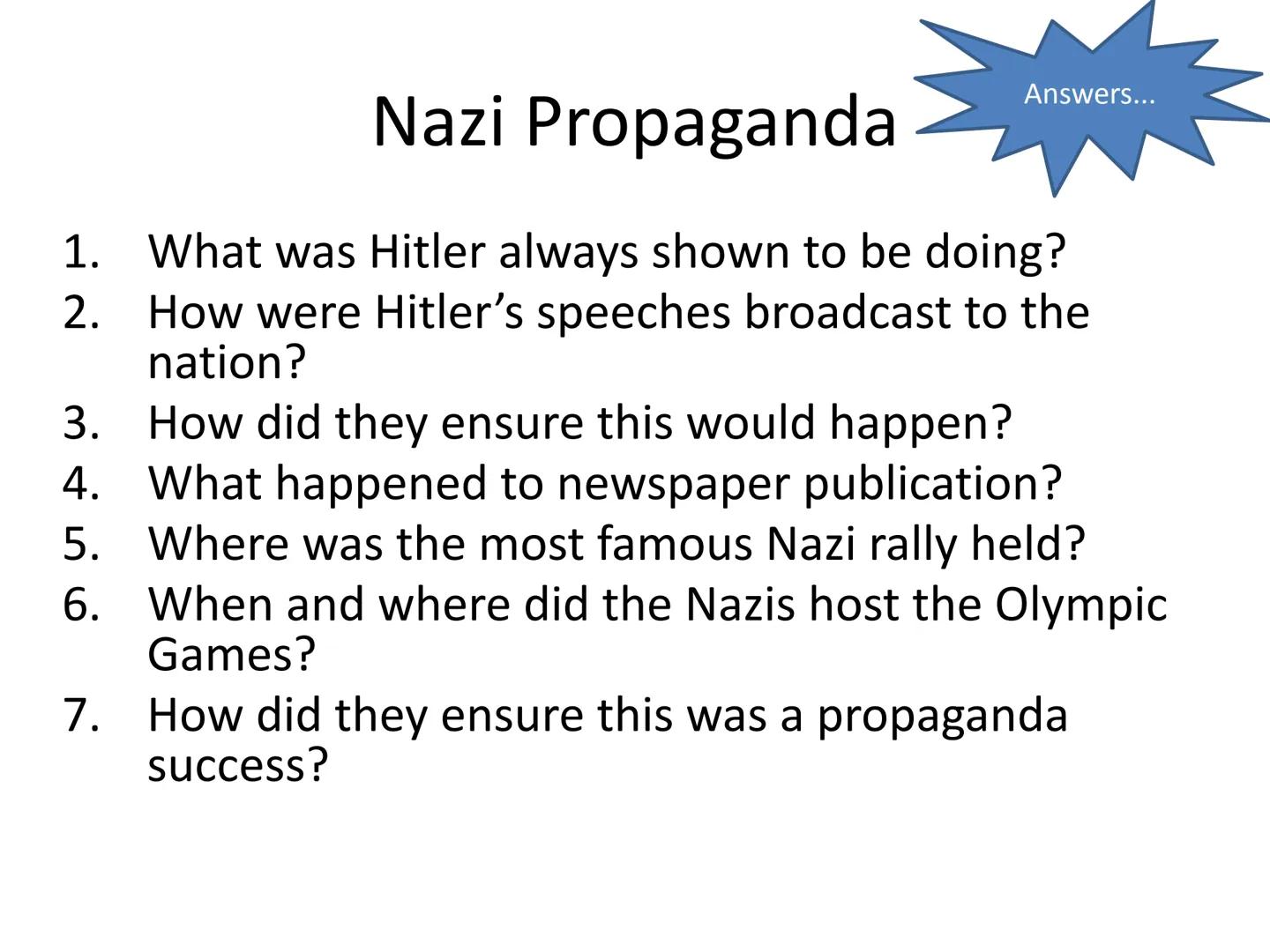 Nazi Germany: 1933-45
Revision Guide Contents
Hitler's Rise to Power - questions - answers
Nazi Propaganda – questions - answers
-
Nazi Inti