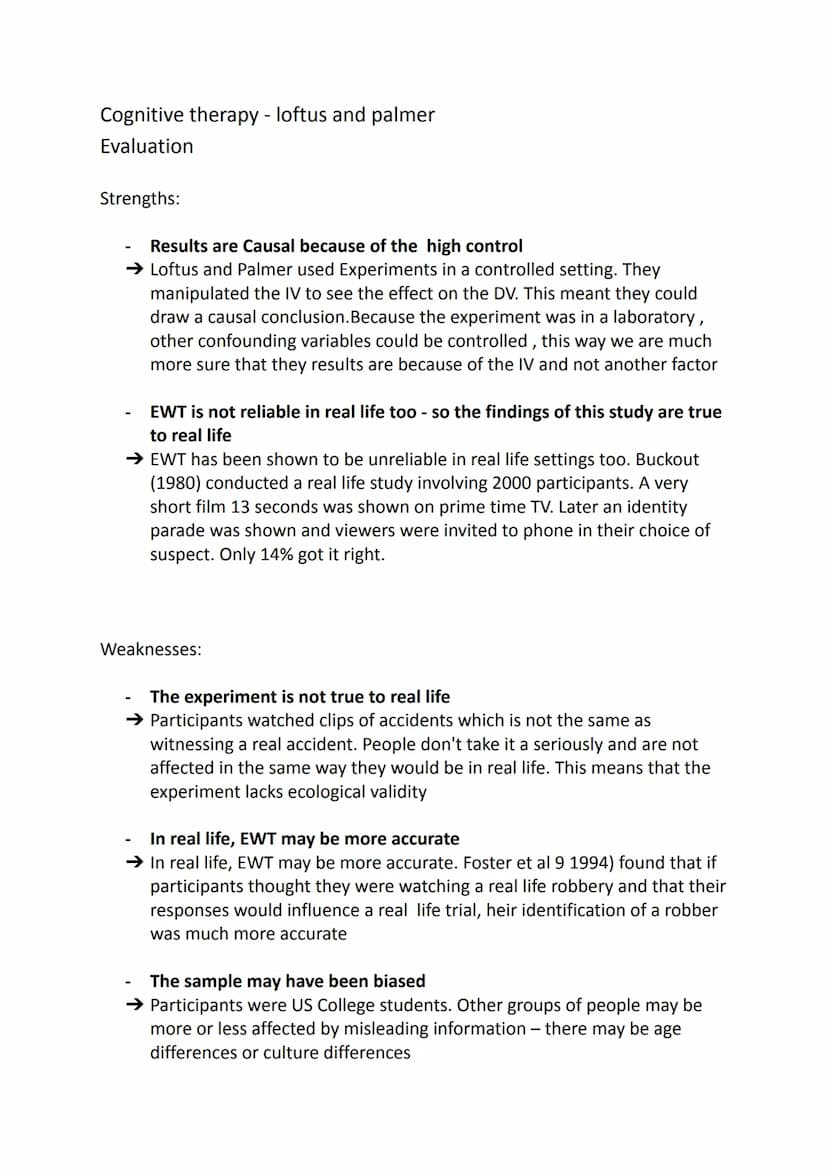 Cognitive therapy - loftus and palmer
(Eye witness testimony)
One explanation for why EWT is inaccurate is that the police or other
official