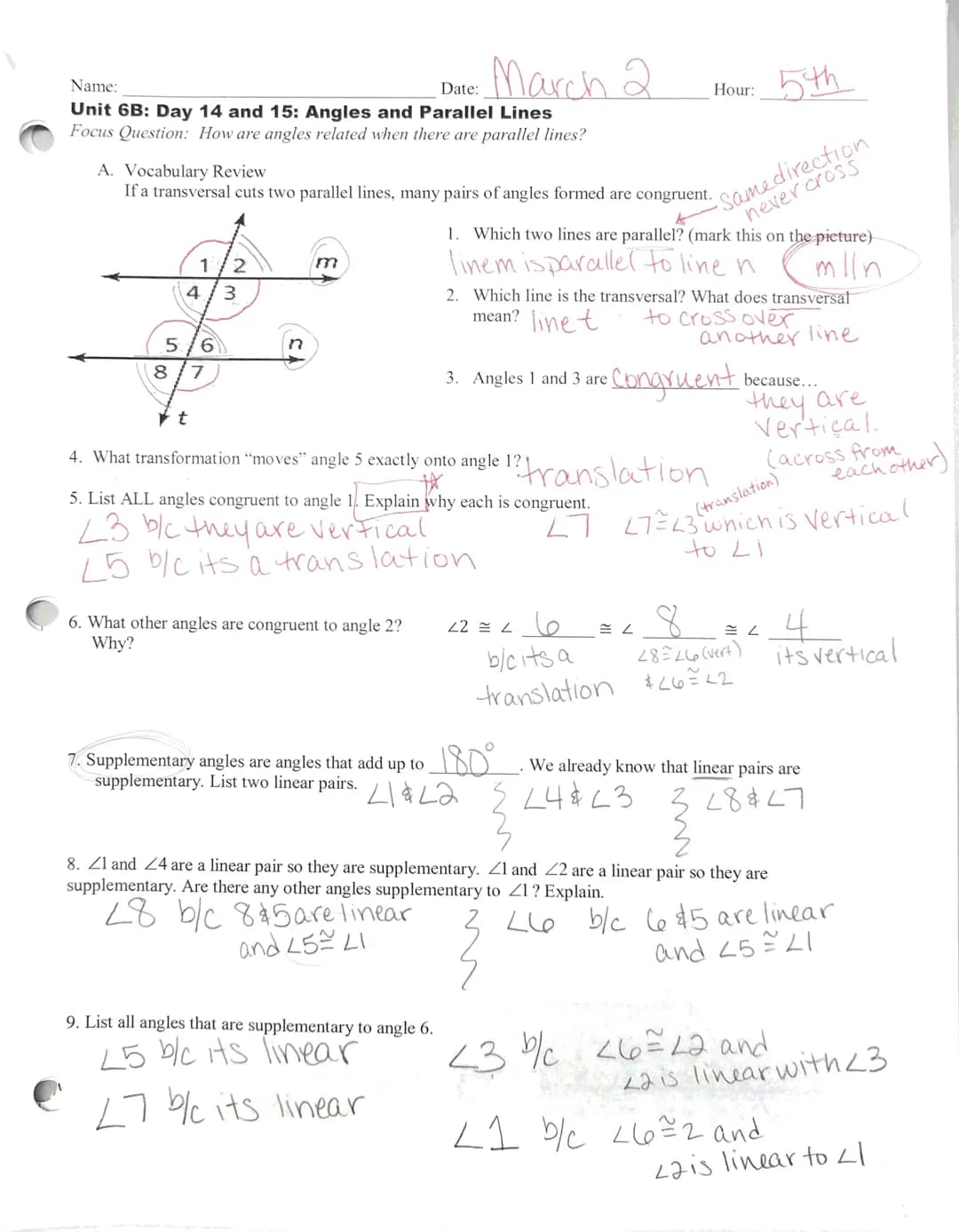 Name:
Date:
Unit 6B: Day 14 and 15: Angles and Parallel Lines
Focus Question: How are angles related when there are parallel lines?
A. Vocab