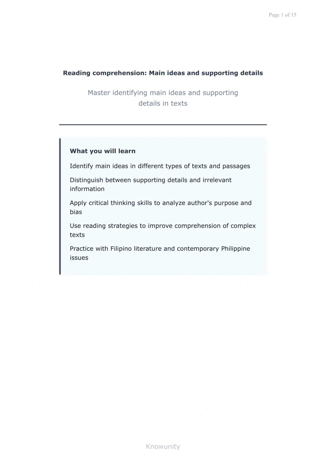 Reading comprehension: Main ideas and supporting details