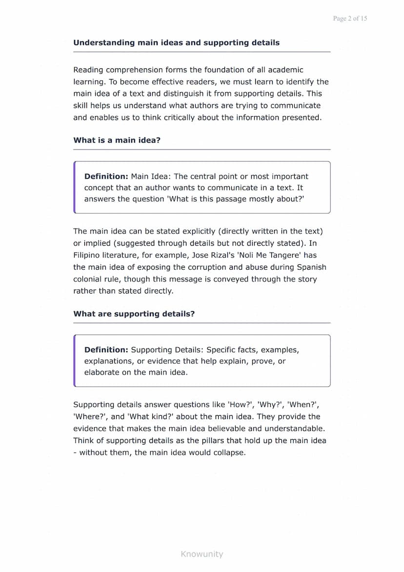 Reading comprehension: Main ideas and supporting details
Master identifying main ideas and supporting
details in texts
What you will learn
I