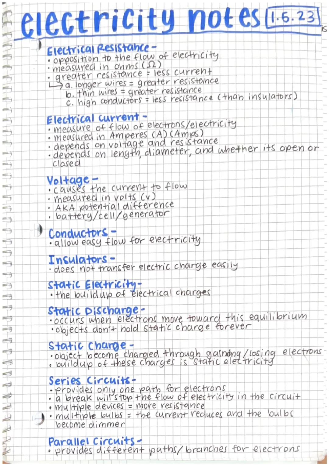 CARD TO TrroceroroUPPEUPEETAN
electricity notes (1.6.23)
Electrical Resistance -
•opposition to the flow of electricity
•measured in ohms (5