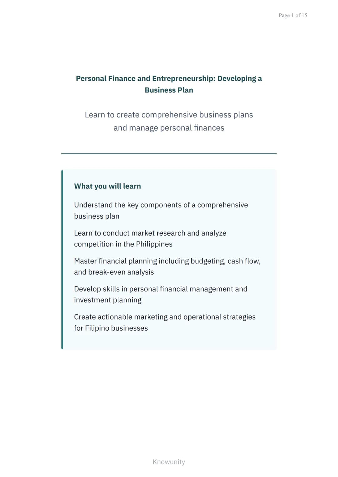 Personal Finance and Entrepreneurship: Developing a
Business Plan
Learn to create comprehensive business plans
and manage personal finances
