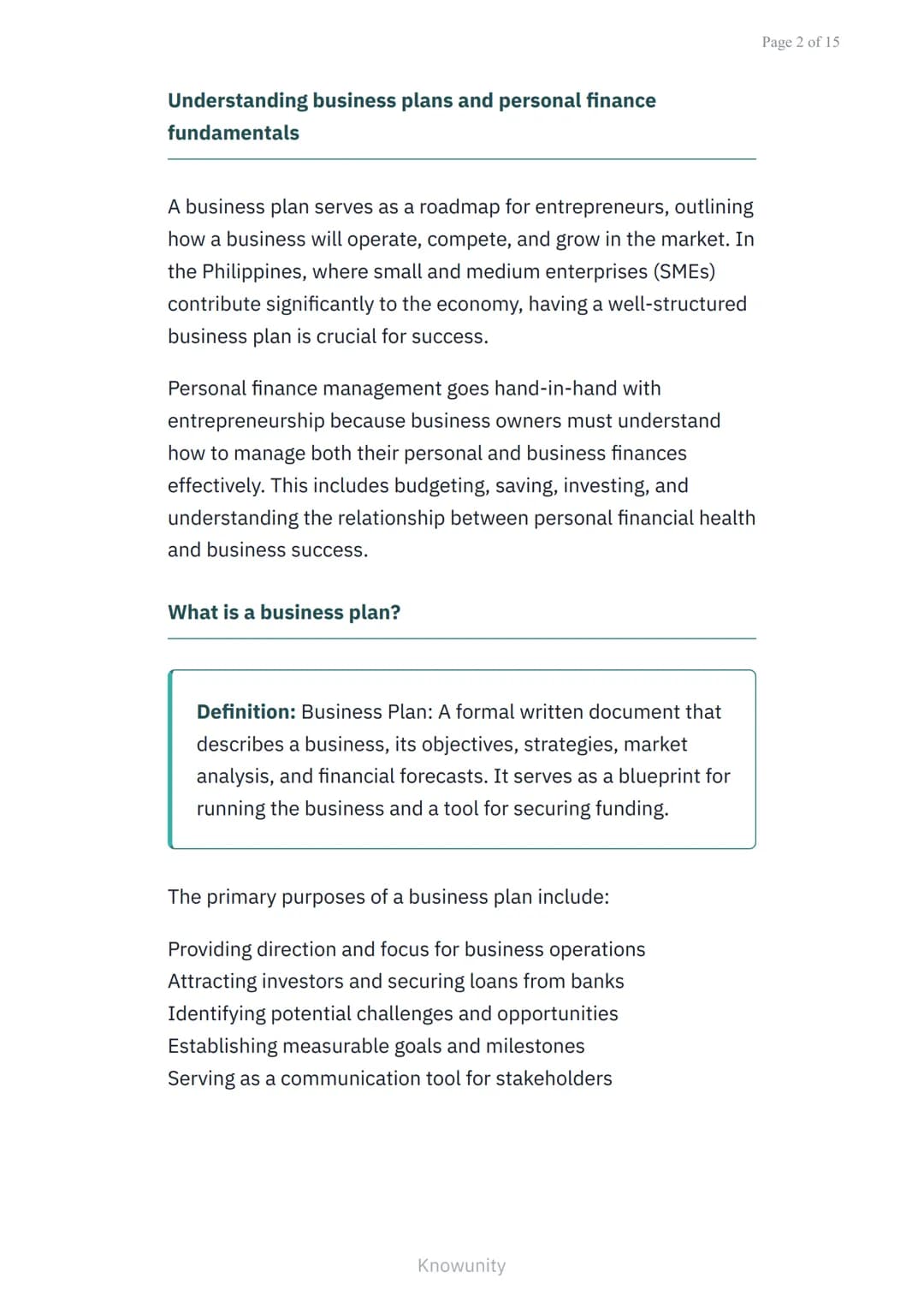 Personal Finance and Entrepreneurship: Developing a
Business Plan
Learn to create comprehensive business plans
and manage personal finances
