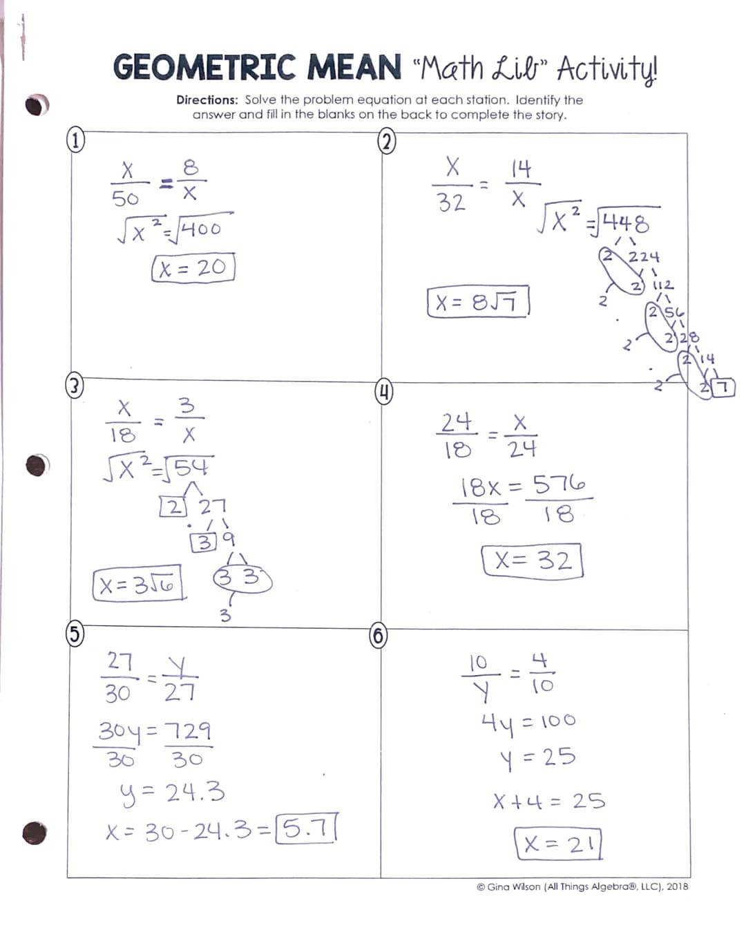 (5)
GEOMETRIC MEAN "Math Lib" Activity!
Directions: Solve the problem equation at each station. Identify the
answer and fill in the blanks o