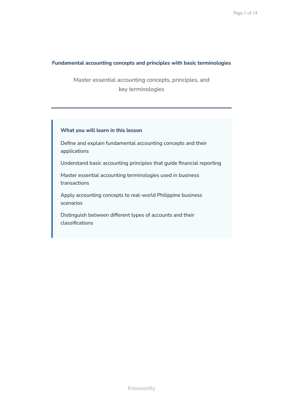 Fundamental accounting concepts and principles with basic terminologies
Master essential accounting concepts, principles, and
key terminolog
