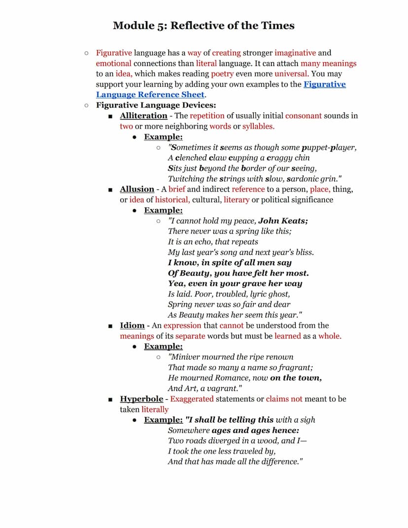 Module 5: Reflective of the Times
In this module, you will learn how authors use verse (poetry) to share their unique
insight and reactions 