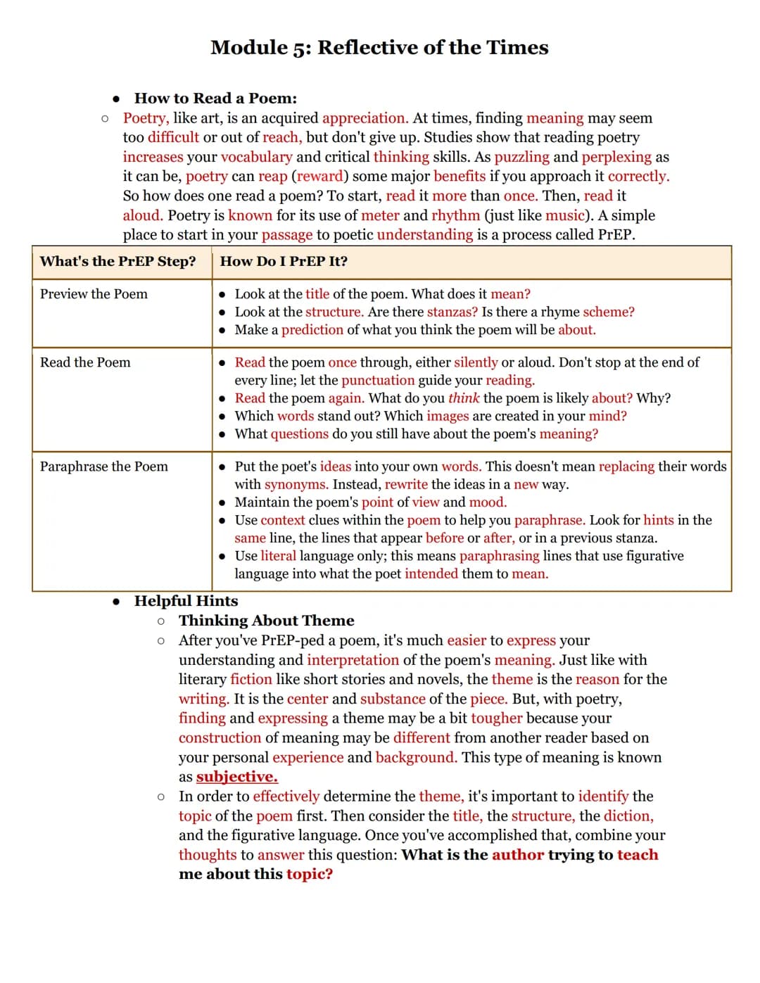 Module 5: Reflective of the Times
In this module, you will learn how authors use verse (poetry) to share their unique
insight and reactions 