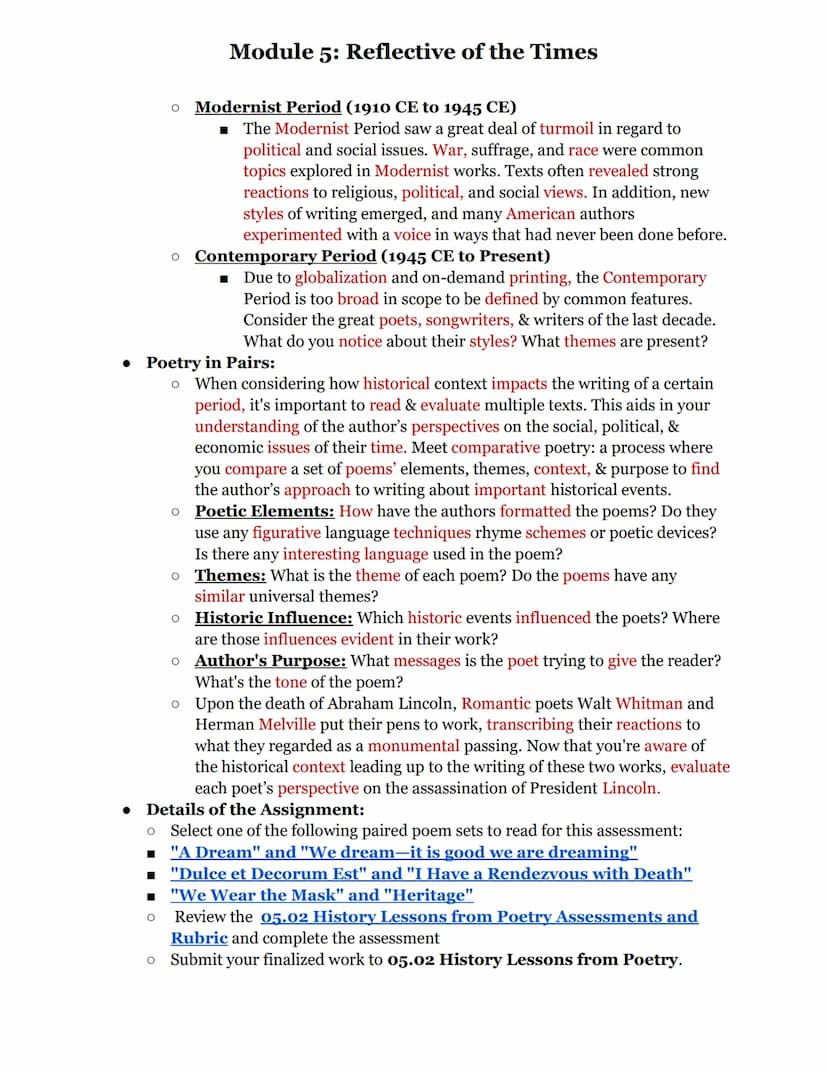 Module 5: Reflective of the Times
In this module, you will learn how authors use verse (poetry) to share their unique
insight and reactions 