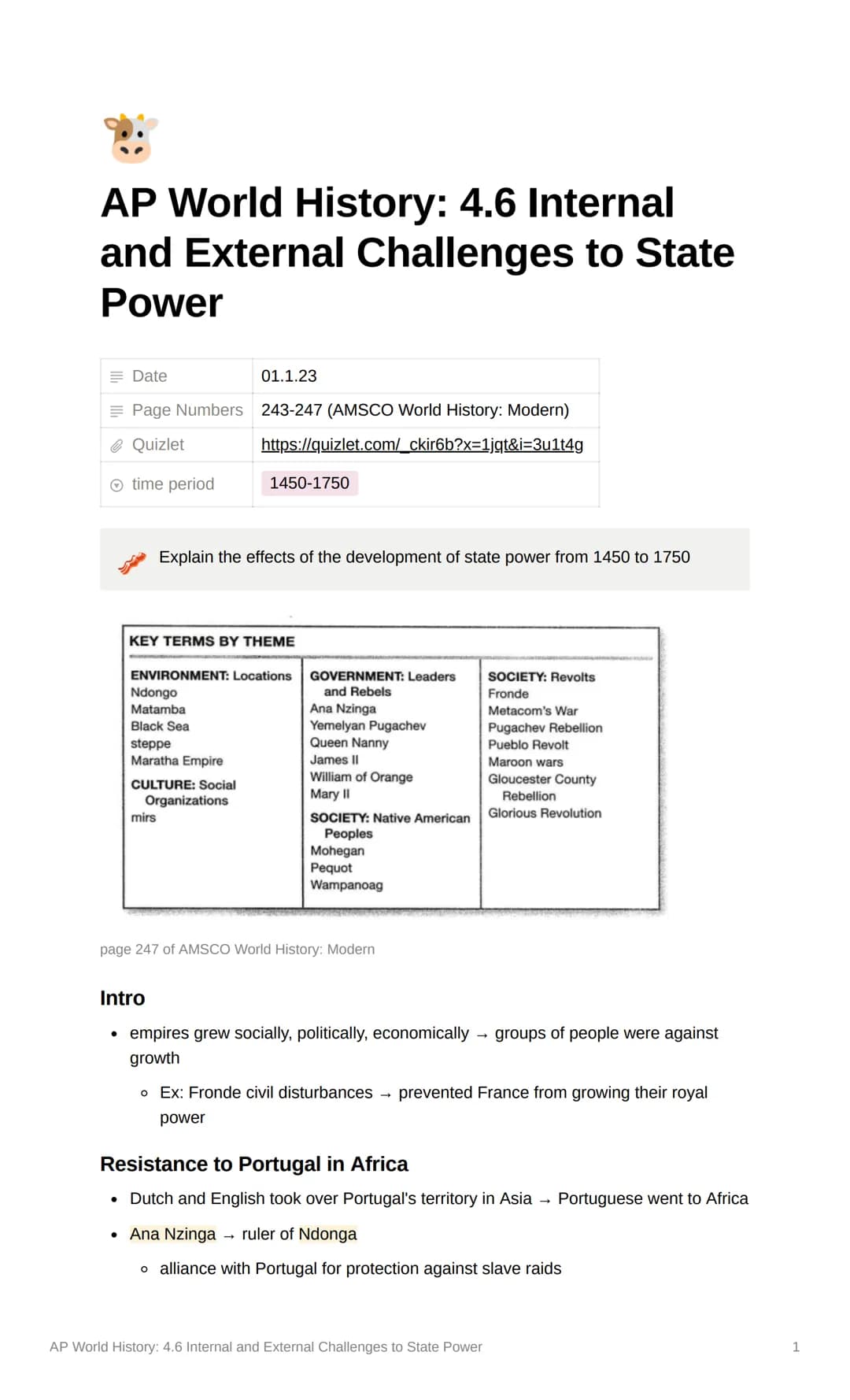 AP World History: 4.6 Internal
and External Challenges to State
Power
Date
Page Numbers 243-247 (AMSCO World History: Modern)
Quizlet
https:
