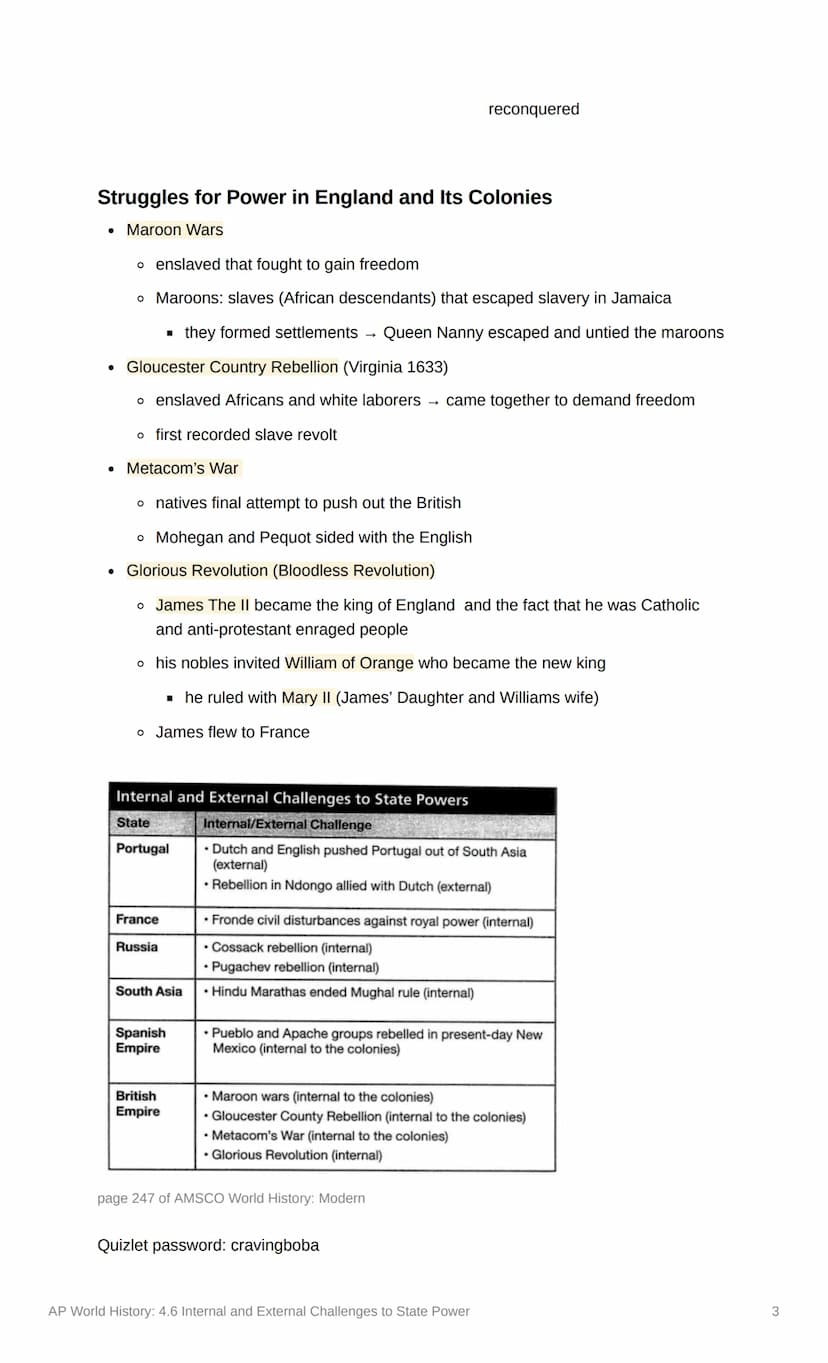 AP World History: 4.6 Internal
and External Challenges to State
Power
Date
Page Numbers 243-247 (AMSCO World History: Modern)
Quizlet
https: