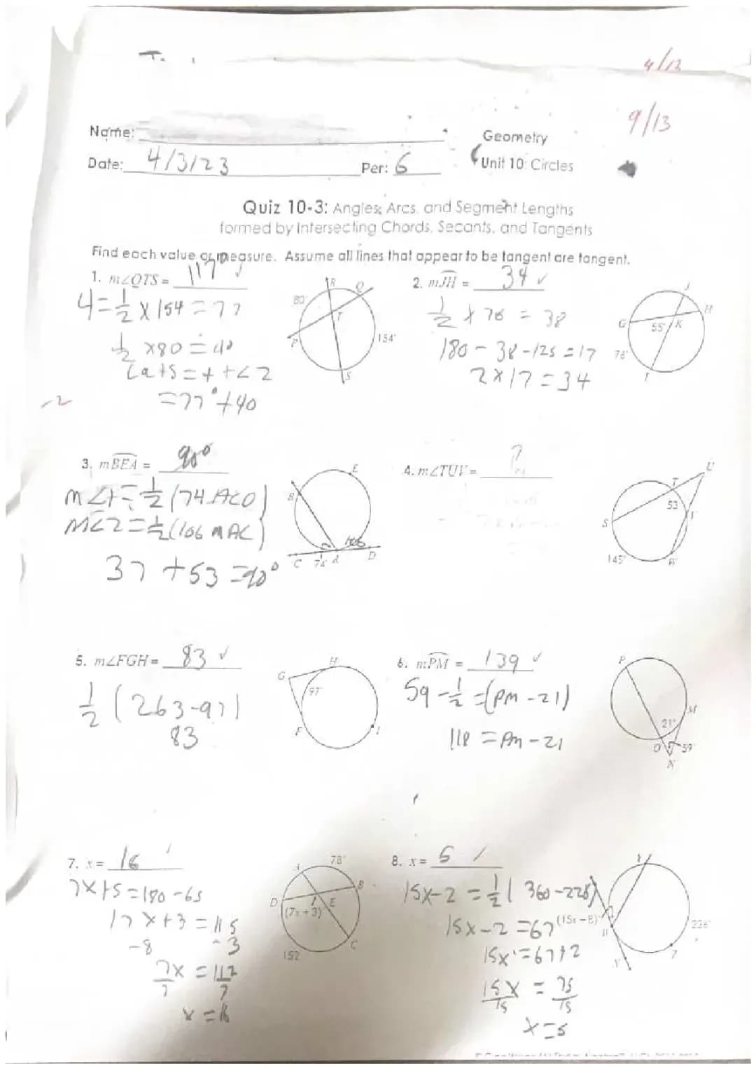 quiz 10-3 angles, arcs, and segment lengths formed by intersecting chords, secants, and rangers 
