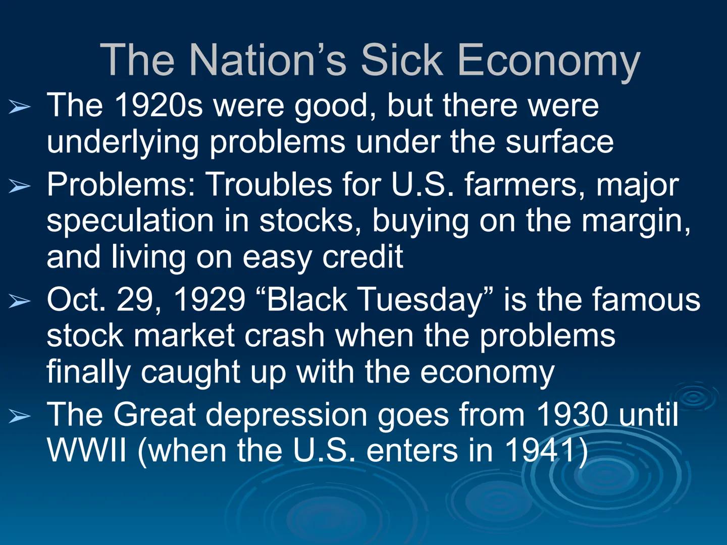 The Great Depression
EQ: What caused the greatest
economic troubles in US History? Questions about the Great Depression
When did the Great D