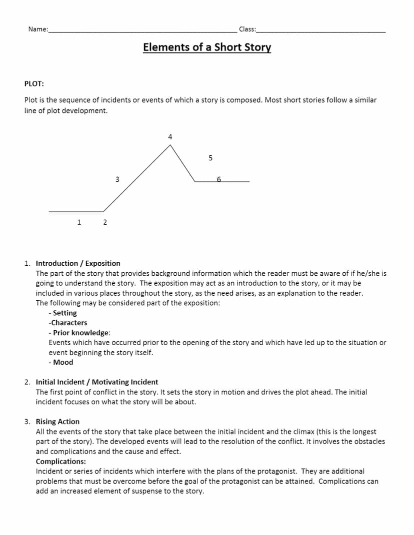 Name:
1
PLOT:
Plot is the sequence of incidents or events of which a story is composed. Most short stories follow a similar
line of plot dev