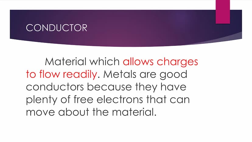 INSULATORS and
CONDUCTORS
METALS AND NON-METALS 8 INSULATOR
A material that resists the flow
of charges. Rubber, plastic, mica,
paper, glass