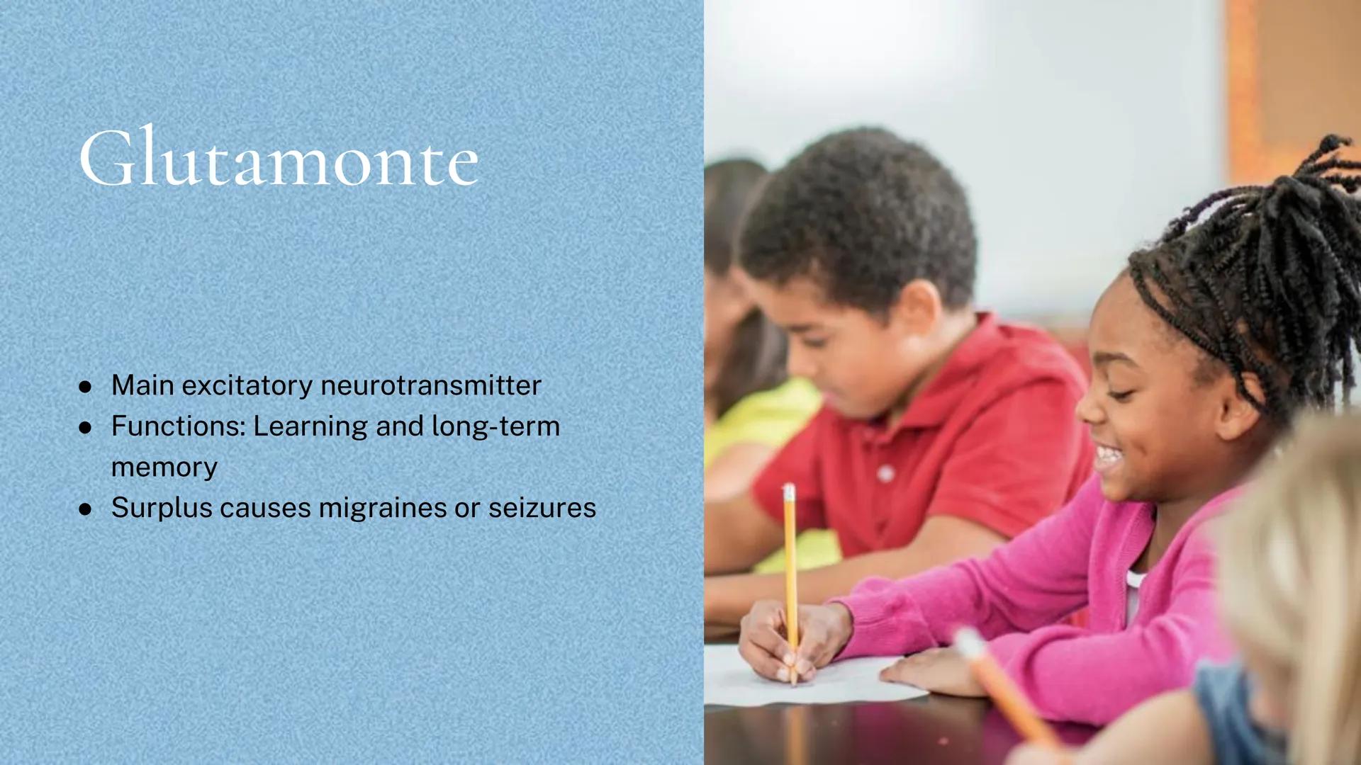 Different kinds of
Neurotransmitters Acetylcholine
• Excitatory
• Functions: muscles, memory,
learning, and attention
• Surplus leads to mus