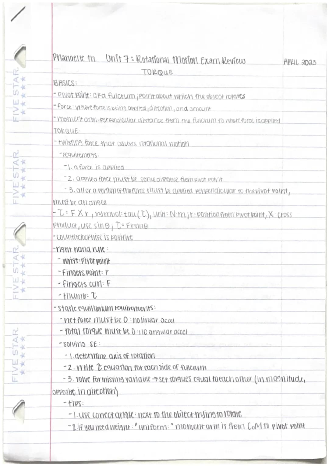 FIVE STAR.
FIVE STAR.
FIVE STAR.
FIVE STAR.
C
Phanvelle tn Unit 7: Rotational Motion Exam Review
TORQUE
BASICS
-Pivot point: aka fulcrum; po