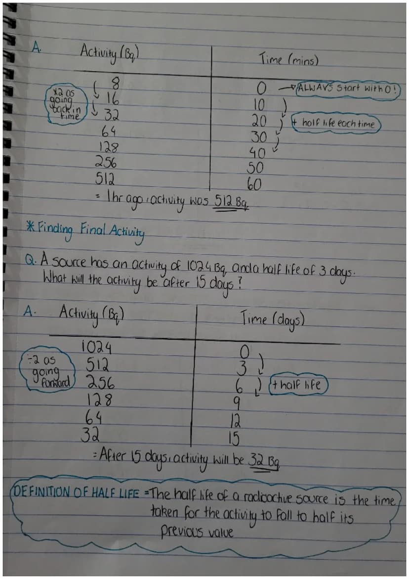 Half Life - Determining Half Life (Numerical Method)
* Findling Initial Activity
QA Source has activity of 8 Bg. It has a half life of 10 mi
